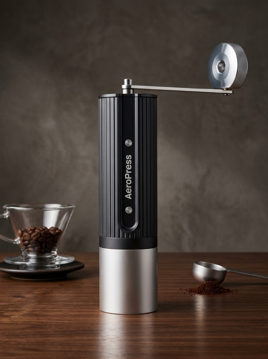 Coffee grinder in use — freshly ground coffee beans